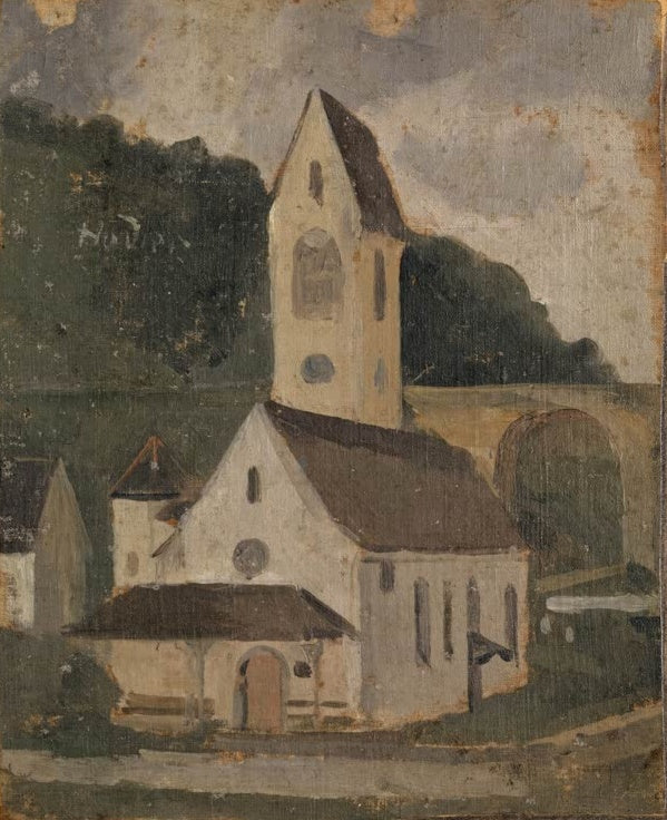 Ferdinand Hodler Die Kirche von Rümlingen Kunstkopie, helle Dorfkirche mit spitzem Turm vor dunklem Waldhang und Himmel
