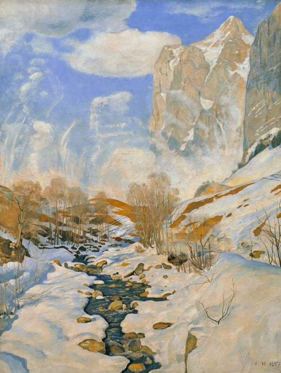 Ferdinand Hodler Die Lawine Kunstkopie, verschneites Bachtal mit hellem Felsmassiv und aufsteigenden Schneewolken