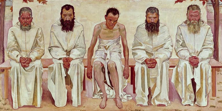 Ferdinand Hodler Die Lebensmüden Kunstkopie, fünf bärtige Männer in weißen Gewändern auf einer Bank