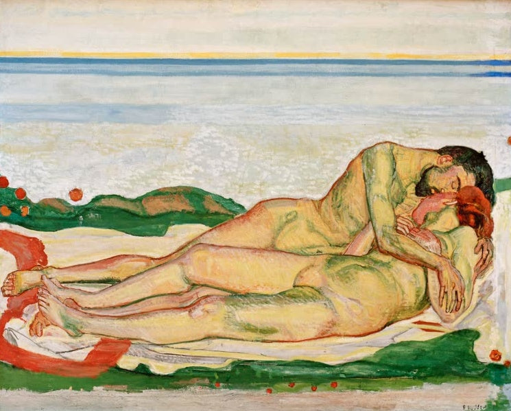 Ferdinand Hodler Die Liebe Mittleres Paar Kunstkopie, umarmtes Paar vor grünen Hügeln und blauem Horizont