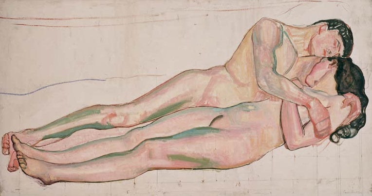 Ferdinand Hodler Die Liebe Studie Kunstkopie, nacktes Paar eng umschlungen liegend in Rosatönen auf hellem Grund