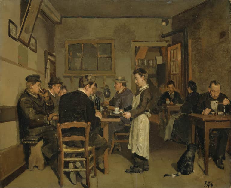 Ferdinand Hodler Die Pension Kunstkopie, Gäste an Holztischen und eine Kellnerin mit Tablett in einer Gaststube
