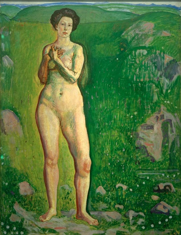 Ferdinand Hodler Die Quelle Kunstkopie, stehender weiblicher Akt in grüner Wiese mit Felsen und kleinen weißen Blumen