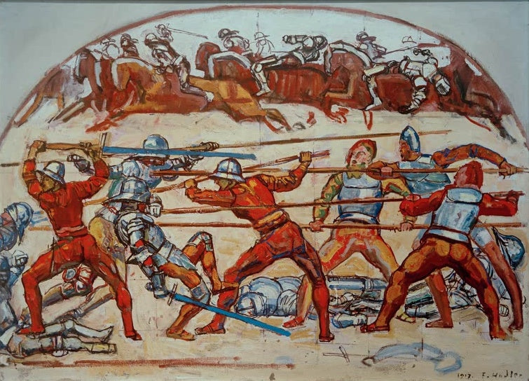Ferdinand Hodler Die Schlacht bei Murten Kunstkopie, Kämpfer mit Lanzen in Rüstungen, oben Reiter in rotbrauner Farbe
