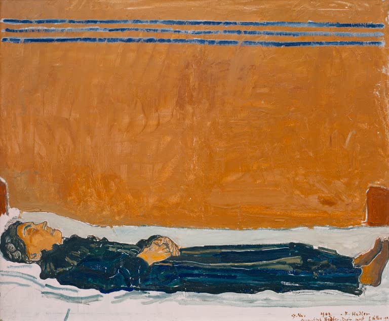 Ferdinand Hodler Die tote Augustine Dupin Kunstkopie, liegende Gestalt in dunkelblauem Gewand unter orangefarbener Fläche