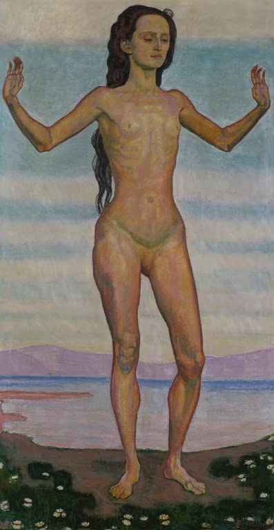 Ferdinand Hodler Die Wahrheit Kunstkopie, stehende weibliche Figur mit erhobenen Händen vor Seeufer und Streifenhimmel
