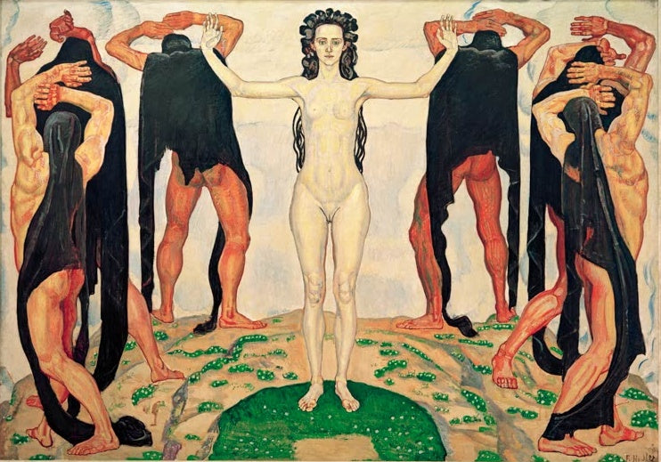 Ferdinand Hodler Die Wahrheit II Kunstkopie, weibliche Figur mit erhobenen Armen zwischen sechs Gestalten in dunklen Tüchern