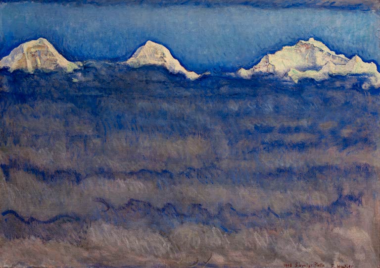 Ferdinand Hodler Eiger, Mönch und Jungfrau über dem Nebelmeer Kunstkopie, helle Gipfel über blauem Wolkenmeer