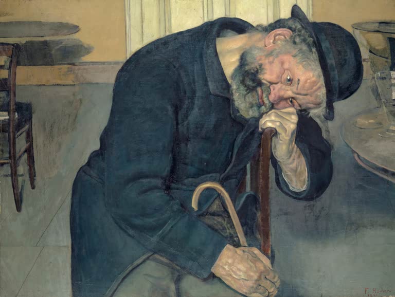 Ferdinand Hodler Eine arme Seele Kunstkopie, gebeugter alter Mann mit Hut stützt den Kopf auf seine Hände am Gehstock im Café