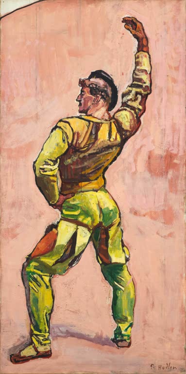 Ferdinand Hodler Einmütigkeit Schwörender Kunstkopie, Mann in gelbem Wams mit erhobenem Arm vor rosa Grund