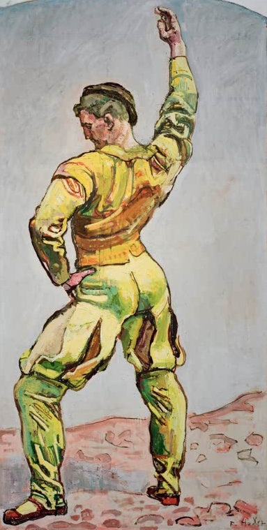 Ferdinand Hodler Einmütigkeit Kunstkopie, Figurenstudie eines Mannes in gelbgrüner Tracht mit erhobenem Arm, Rückenansicht