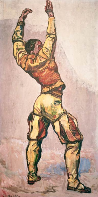 Ferdinand Hodler Einmütigkeit Kunstkopie, Mann in gelber Tracht mit beiden Armen nach oben, Rückenansicht