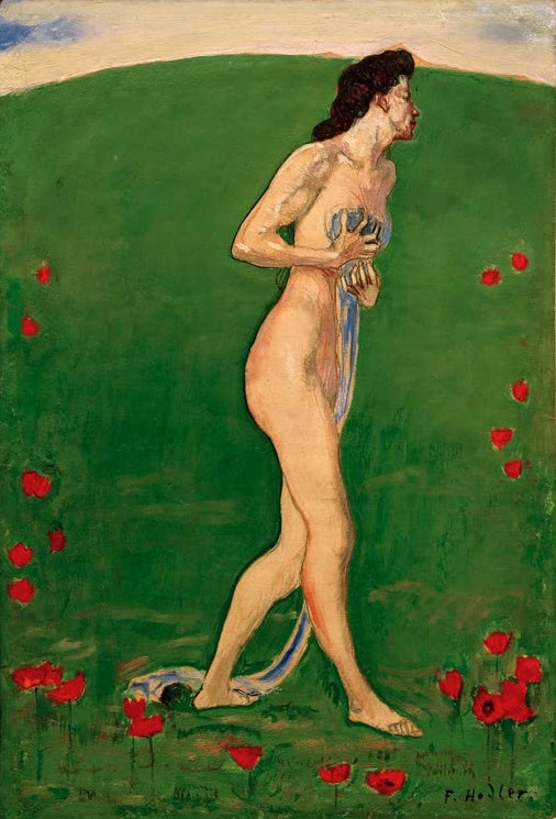Ferdinand Hodler Empfindung Kunstkopie, schreitende Frauenfigur mit blauem Tuch auf grüner Wiese mit roten Mohnblumen