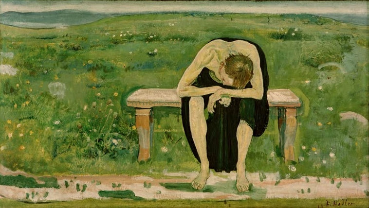 Ferdinand Hodler Enttäuschte Seele Kunstkopie, gebeugte Gestalt sitzt auf einer Steinbank in grüner Blumenwiese