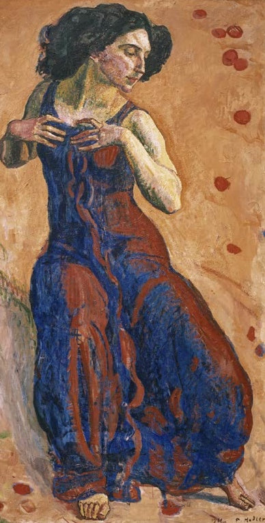Ferdinand Hodler Entzücktes Weib Kunstkopie, Frau in blauem Gewand mit an die Brust gelegten Händen vor orangem Grund
