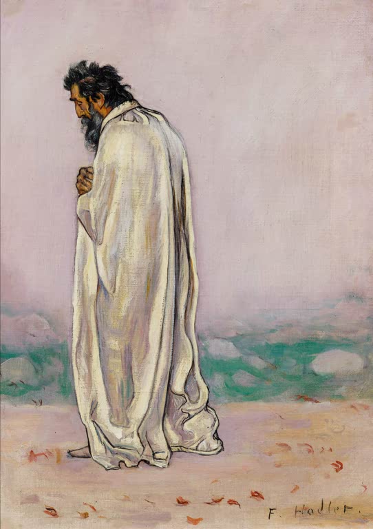 Ferdinand Hodler Eurythmie Kunstkopie, bärtiger Mann im weißen Gewand mit gesenktem Kopf und Laub am Boden