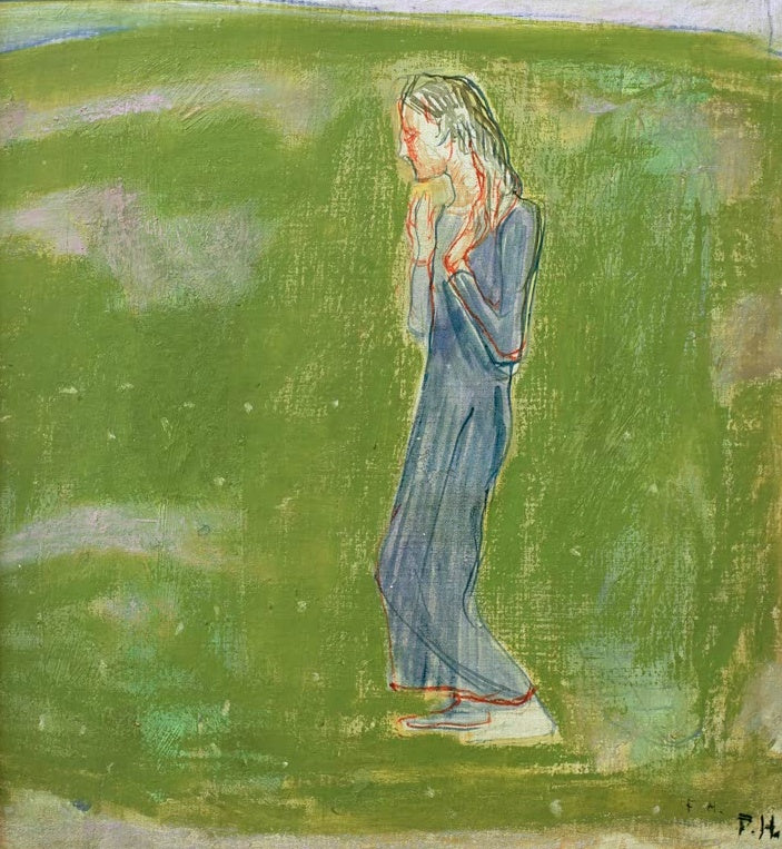 Ferdinand Hodler Eurythmische Empfindung Kunstkopie, schlanke Frau in blauem Gewand mit erhobener Hand auf grüner Fläche