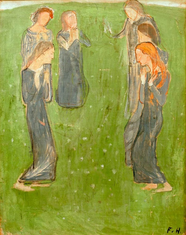 Ferdinand Hodler Eurythmische Empfindung Kunstkopie, sechs Frauengestalten in blaugrauen Gewändern auf grüner Wiese