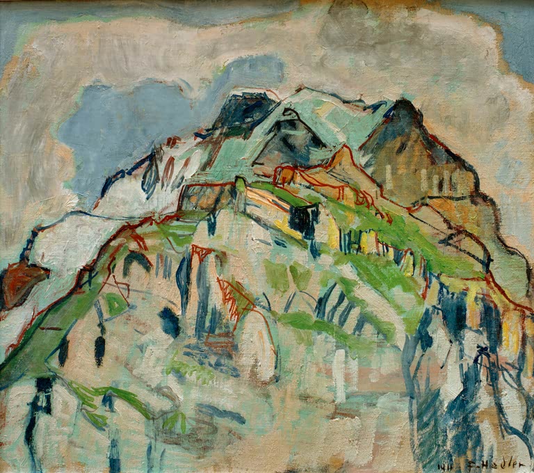 Ferdinand Hodler Felswand der Jungfrau Kunstkopie, steile Felswand mit hellen Flächen, grünen Bändern und roten Konturen