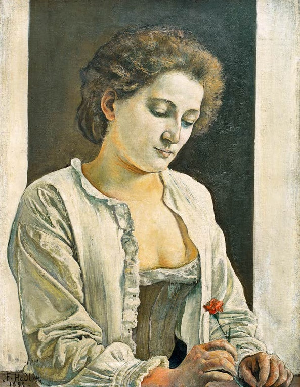 Ferdinand Hodler Frau mit Nelke II Kunstkopie, Halbfigur einer Frau in heller Bluse, die eine rote Nelke in den Händen hält