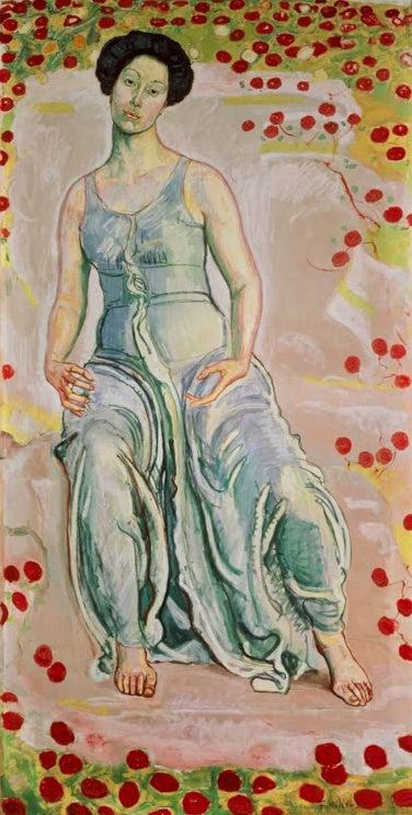 Ferdinand Hodler Frauenfigur Heilige Stunde Kunstkopie, sitzende Frau in blassgrünem Gewand vor rosa Grund mit roten Blüten