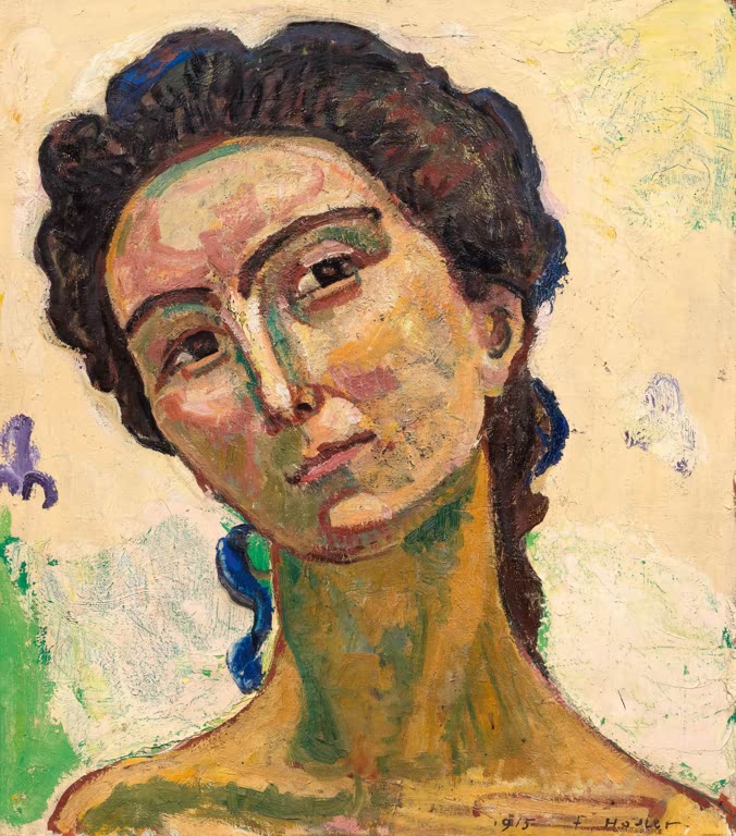 Ferdinand Hodler Frauenkopf Kunstkopie, Studie einer jungen Frau mit dunklem Haar und geneigtem Kopf vor gelbem Grund