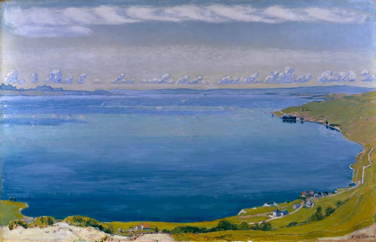 Ferdinand Hodler Genfersee Kunstkopie, blaue Bucht mit grünem Hang, kleinen Häusern und Wolkenbändern am Horizont
