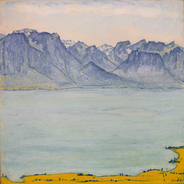 Ferdinand Hodler Genfersee bei Chamby Kunstkopie, blauviolette Bergkette über hellem See mit gelbem Uferstreifen