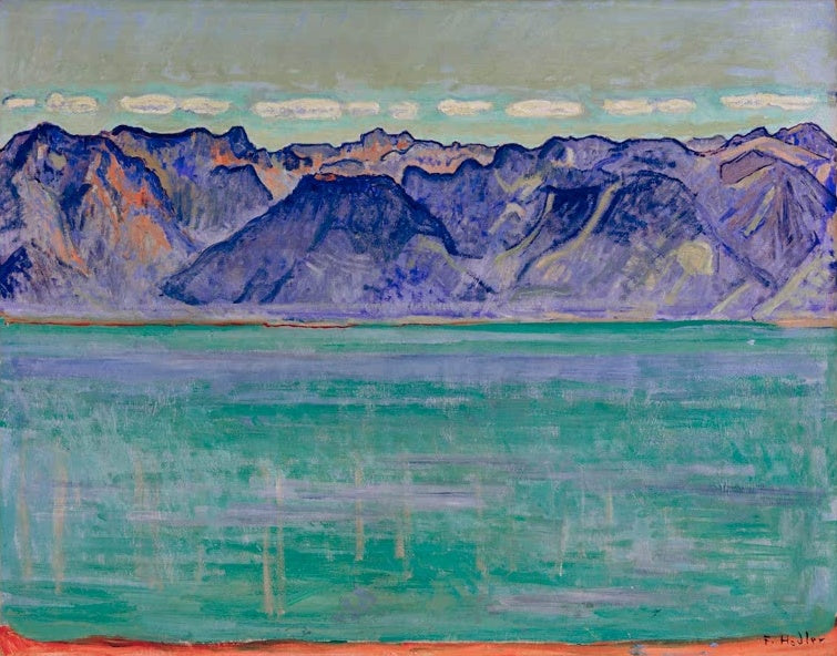 Ferdinand Hodler Genfersee mit Blick auf die Savoyerberge Kunstkopie, violette Berge über türkisgrünem See mit Spiegelungen