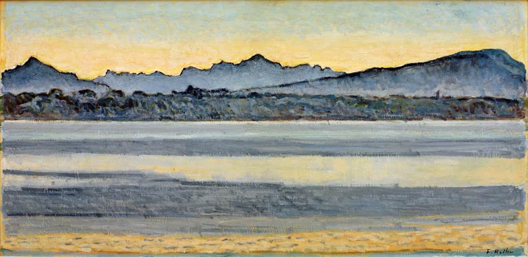 Ferdinand Hodler Genfersee mit Mont-Blanc Kunstkopie, blaugraue Bergkette über See mit gelben und grauen Wasserstreifen