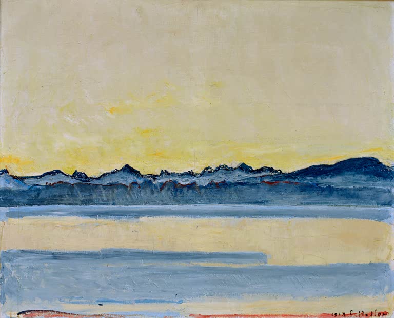 Ferdinand Hodler Genfersee mit Mont-Blanc vor Sonnenaufgang Kunstkopie, blaue Bergkette unter blassgelbem Morgenhimmel