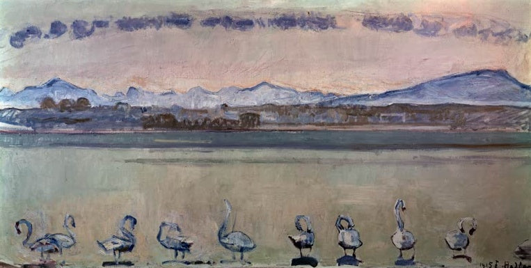 Ferdinand Hodler Genfersee mit neun Schwänen vor Sonnenaufgang Kunstkopie, Schwäne am Ufer, Savoyer Berge, rosa Himmel