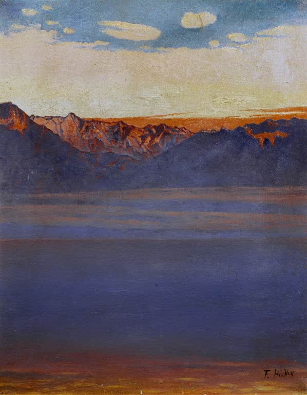 Ferdinand Hodler Genfersee und Savoyen Kunstkopie, dunkelblauer See und abendlich orange gefärbte Berge unter hellem Himmel