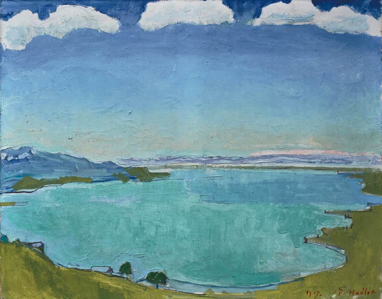 Ferdinand Hodler Genfersee von Caux aus Kunstkopie, türkisfarbene Seebucht unter blauem Himmel mit weißen Wolken