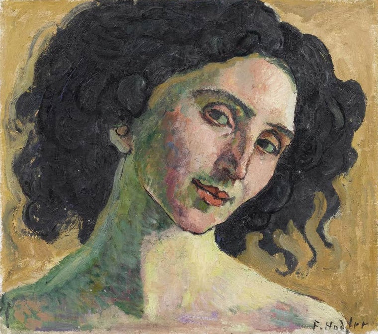 Ferdinand Hodler Giulia Leonardi Kunstkopie, junge Frau mit schwarzem Lockenhaar und geneigtem Kopf vor Ockergrund