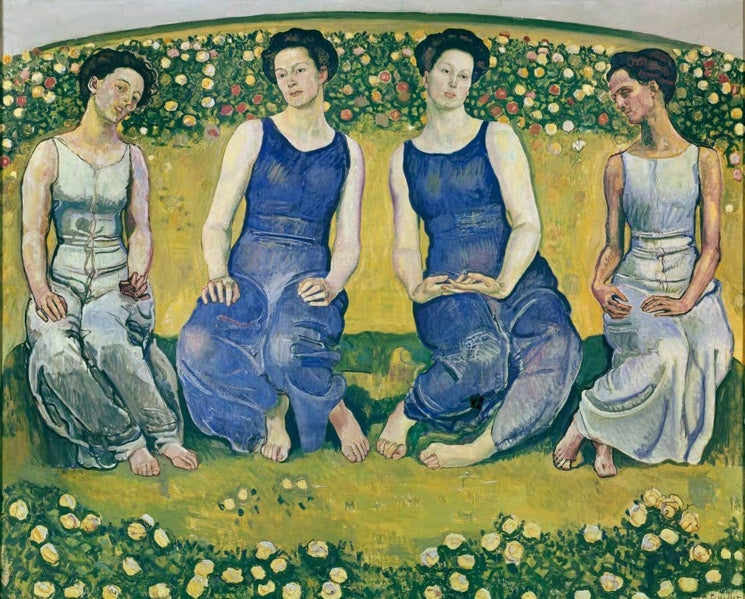 Ferdinand Hodler Heilige Stunde Kunstkopie, vier sitzende Frauen in blauen und hellen Gewändern vor Rosenhecke