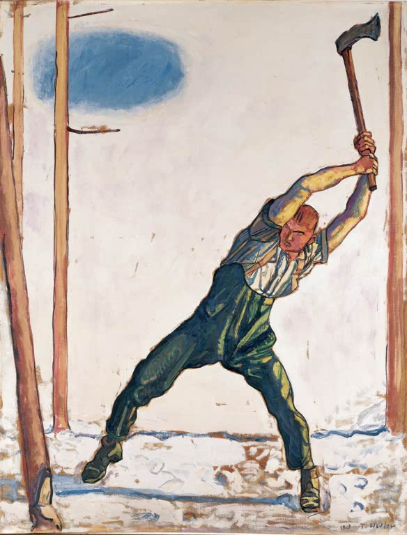 Ferdinand Hodler Holzfäller Kunstkopie, Mann holt mit der Axt aus vor hellem Grund zwischen roten Baumstämmen