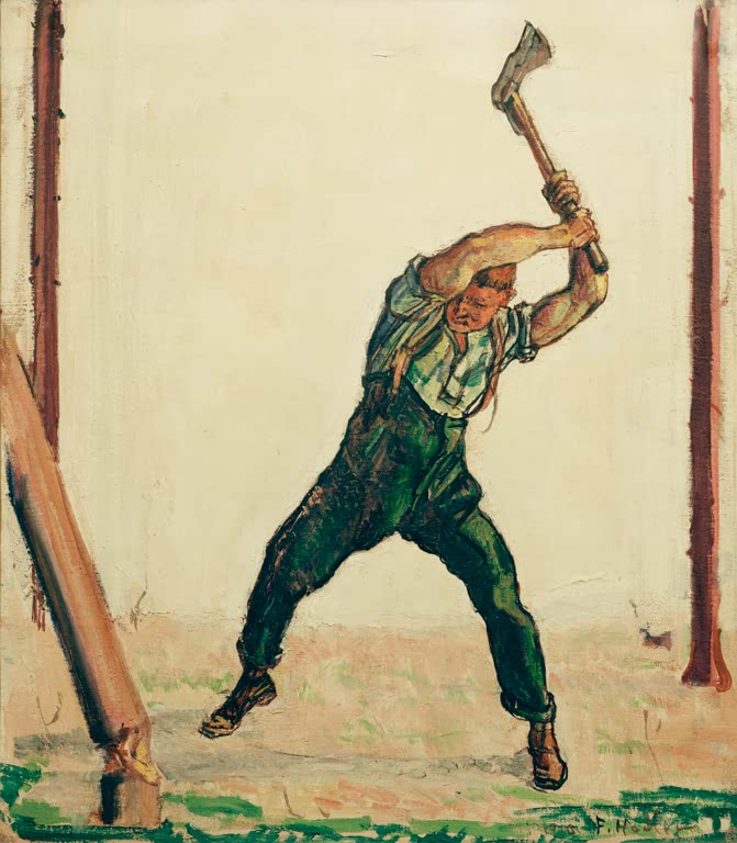 Ferdinand Hodler Holzfäller Kunstkopie, kräftiger Arbeiter in grüner Hose holt mit erhobener Axt zum Schlag aus