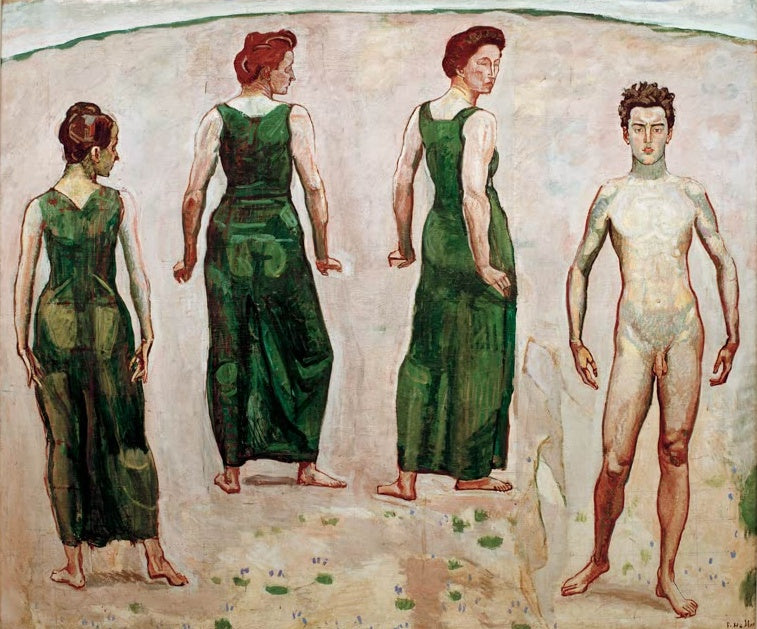Ferdinand Hodler Jüngling vom Weibe bewundert II Kunstkopie, drei Frauen in grünen Kleidern neben einem jungen Mann