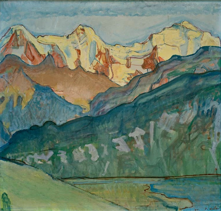 Ferdinand Hodler Jungfrau, Mönch und Eiger vom Beatenberg gesehen Kunstkopie, gelb leuchtende Gipfel über grünen Hängen