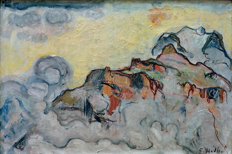 Ferdinand Hodler Jungfrau von Mürren aus Kunstkopie, von Nebel umgebene Berge mit kräftigen Konturen unter gelbem Himmel