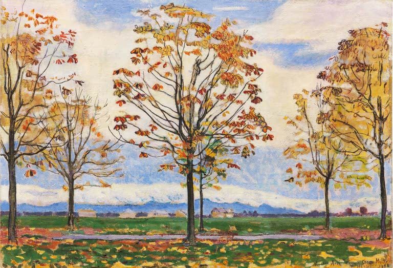 Ferdinand Hodler Kastanienallee bei Biberist Kunstkopie, Kastanienbäume mit gelbem Laub vor Wolkenhimmel
