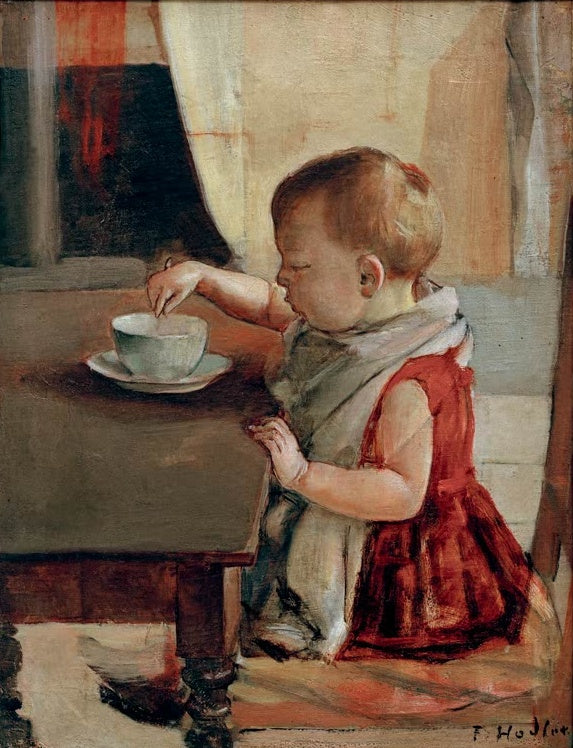 Ferdinand Hodler Kind am Tisch Kunstkopie, Kleinkind in rotem Kleidchen mit Lätzchen rührt mit einem Löffel in einer Tasse