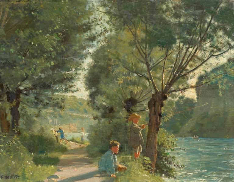 Ferdinand Hodler Kinder beim Angeln am Ufer der Arve Kunstkopie, zwei Jungen zwischen Bäumen am sonnigen Flussufer