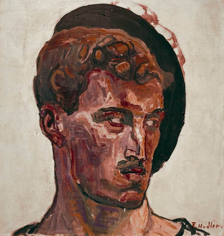 Ferdinand Hodler Kopf eines Hellebardenträgers Kunstkopie, kraftvoller Männerkopf mit dunklem Haar in Rot und Braun