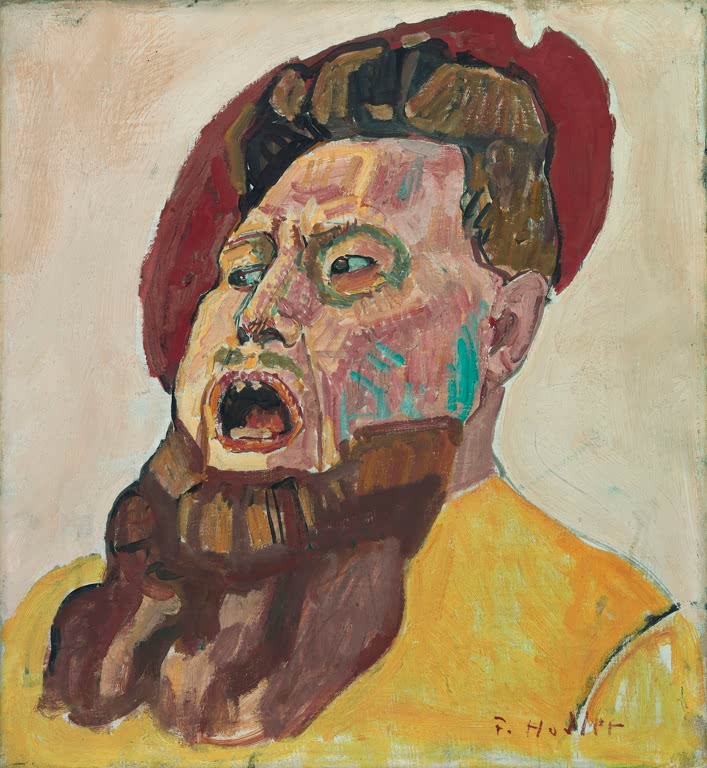 Ferdinand Hodler Kopf eines Soldaten Kunstkopie, bärtiger Mann mit rotem Barett und aufgerissenem Mund vor hellem Grund