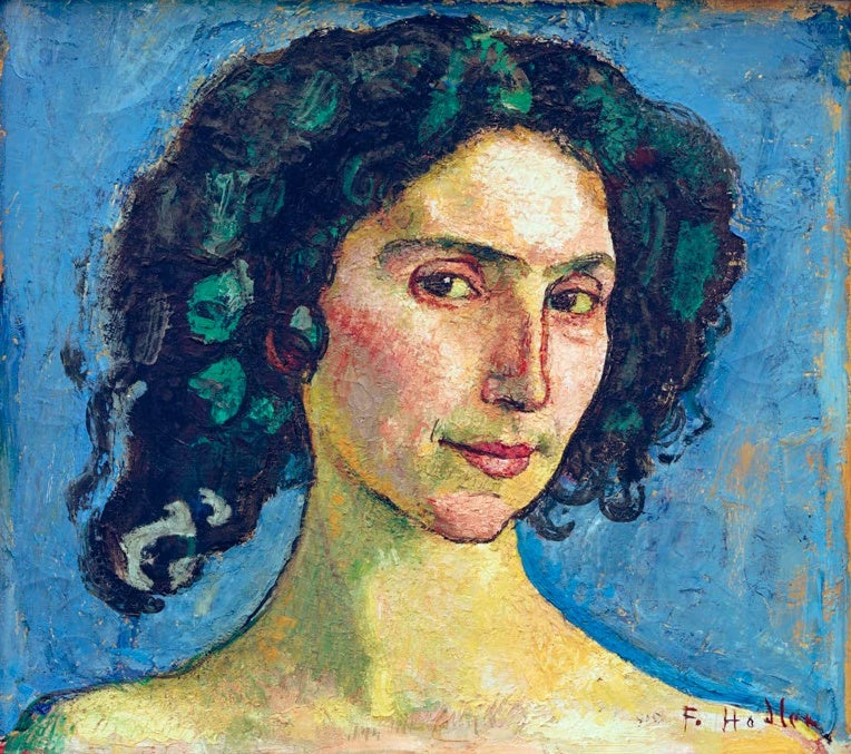 Ferdinand Hodler Kopfstudie einer Italienerin Kunstkopie, Frau mit dunklem Haar und grünen Akzenten vor blauem Grund