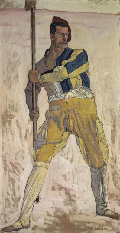 Ferdinand Hodler Krieger mit Hellebarde Kunstkopie, kräftiger Mann mit Barett in gelb-blauem Wams, der eine Hellebarde hält