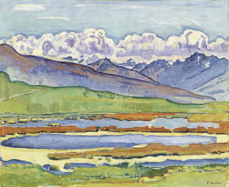 Ferdinand Hodler Landschaft bei Montana Kunstkopie, blaue Seen und rostrote Ufer vor grünen Hängen und Bergen mit Wolken