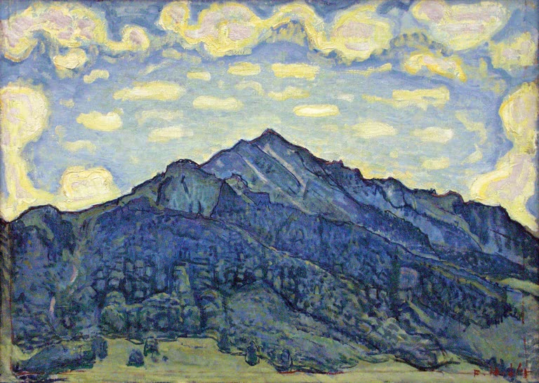 Ferdinand Hodler Landschaft der Schweizer Alpen Kunstkopie, blauer Berggipfel unter hellblauem Himmel mit gelben Wolken